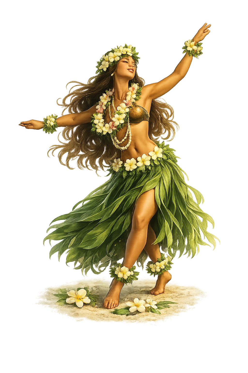 Hula dancer in a ti-leaf skirt with plumeria lei and haku head wreath
