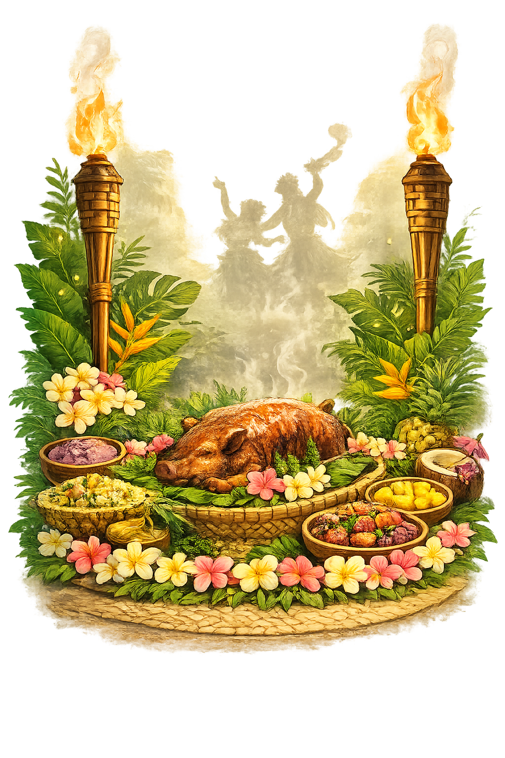 Traditional Hawaiian luau feast — kalua pig, fresh fruit, poi, and ceremonial torches