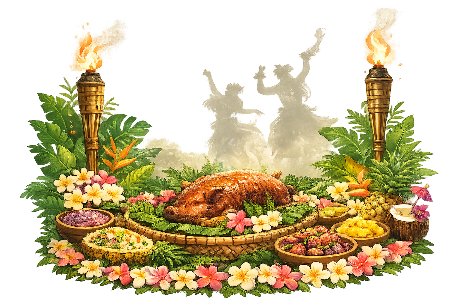 Hawaiian luau feast — kalua pig on banana leaves with tiki torches and plumeria lei